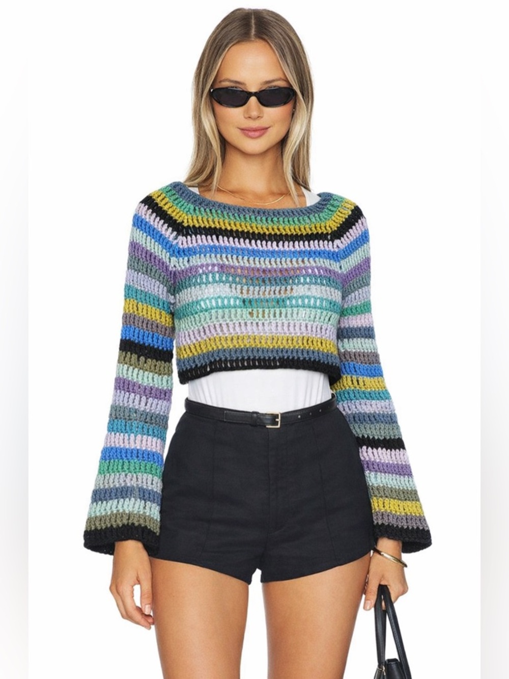 Handmade Crochet Striped Crop Sweater Multicolor Artsy Boho Knit 📐S/M